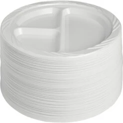 Genuine Joe Disposable/Reusable Divided Round Plate, 9 W In, Plastic, White, Pack Of 125