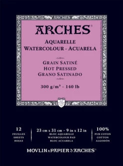 Arches Aquarelle Watercolor Pad, 9 X 12 Inches, Hot Press, 140 Lb, White, 12 Sheets