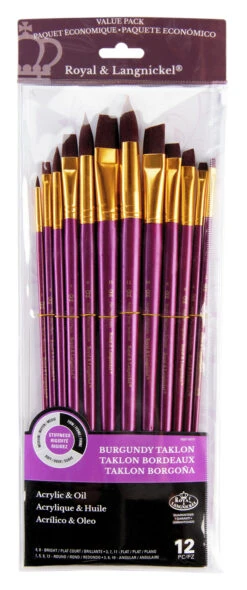 Royal & Langnickel Zip N' Close Firm Burgundy Taklon Long Wood Handle Paint Brush Set, Set Of 12