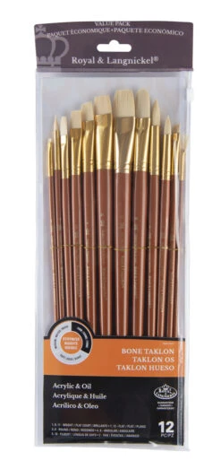 Royal & Langnickel Zip N' Close Firm Bone Taklon Long Wood Handle Paint Brush Set, Set Of 12
