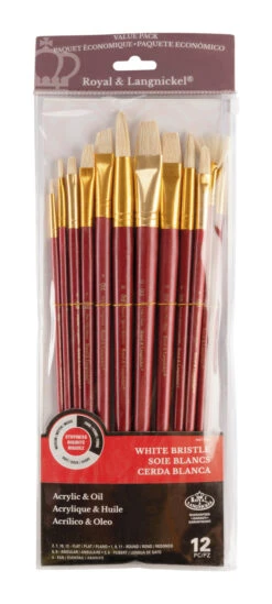 Royal & Langnickel Zip N' Close Firm White Bristle Long Wood Handle Paint Brush Set, Set Of 12