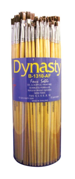 Dynasty Flat Faux Sable Hair Long Handle Paint Brush Set, Assorted Size, Set Of 72