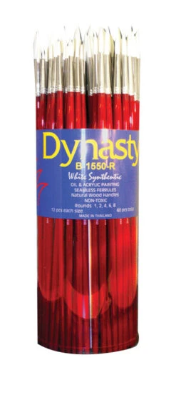 Dynasty B-1550 Round White Taklon Long Wood Handle Paint Brush Set, Assorted Size, Red, Set Of 60