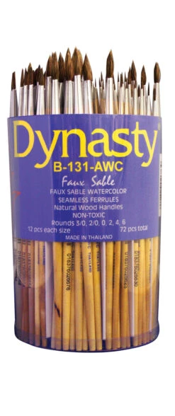 Dynasty Faux Round Sable Hair Short Handle Watercolor Paint Brush Set, Assorted Size, Set Of 72