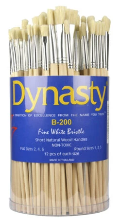 Dynasty B-200 Cylinder Pure White Bristle Short Enameled Wood Handle Paint Brush Set, Assorted Size, White, Set Of 72