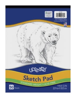 Ucreate Lightweight Sketch Pad, 9 X 12 Inches, Bright White, 50 Sheets