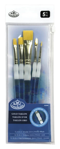 Royal & Langnickel Soft Grip Bottom Flat Golden Taklon Fiber Paint Brush Set, Assorted Size, Set Of 5