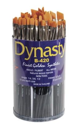 Dynasty B-420 Cylinder Golden Synthetic Short Lacquered Handle Paint Brush Set, Assorted Size, Black, Set Of 72
