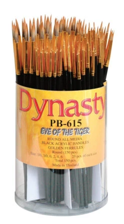 Dynasty PB-615 Eye Of The Tiger Round Synthetic Hair Acrylic Handle Paint Brush Set, Assorted Size, Black, Set Of 150